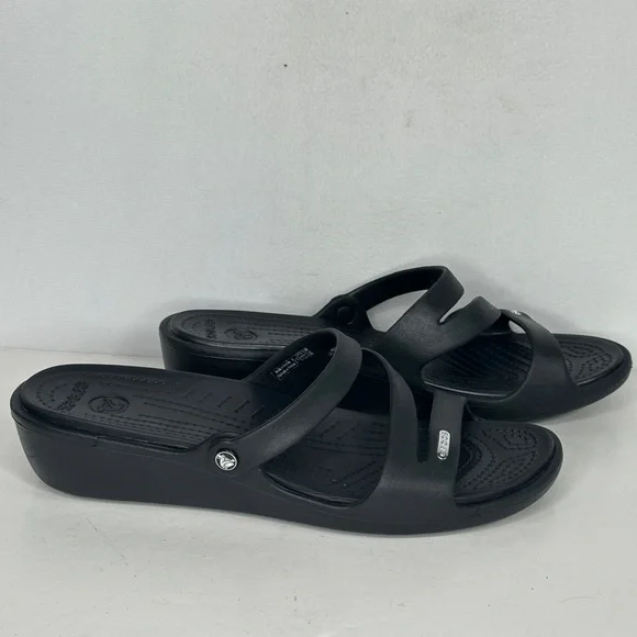 CROCS Black Slip-On Wedge Sandals Strappy Lightweight Sz 10 - Picture 12 of 12
